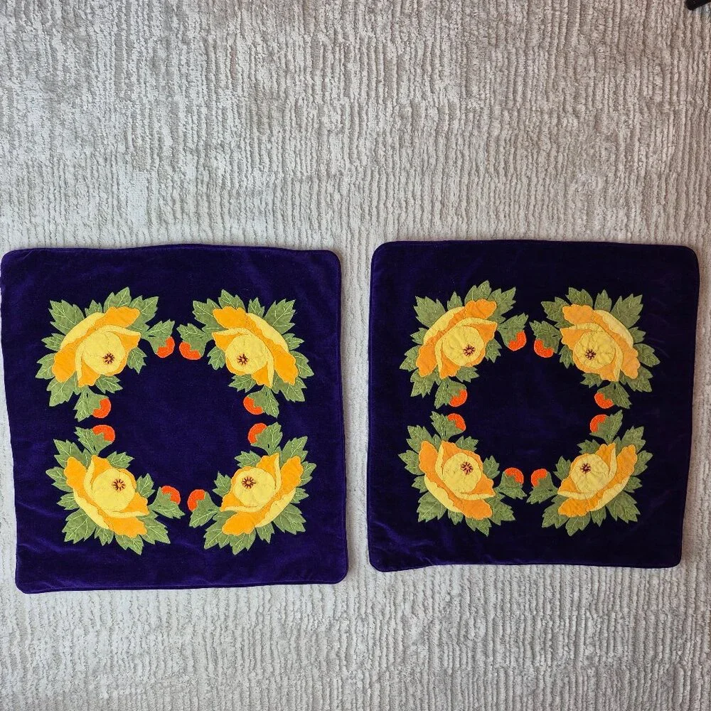 Vintage Applique Embroidered Throw Pillow Covers Deep Purple Set of 2